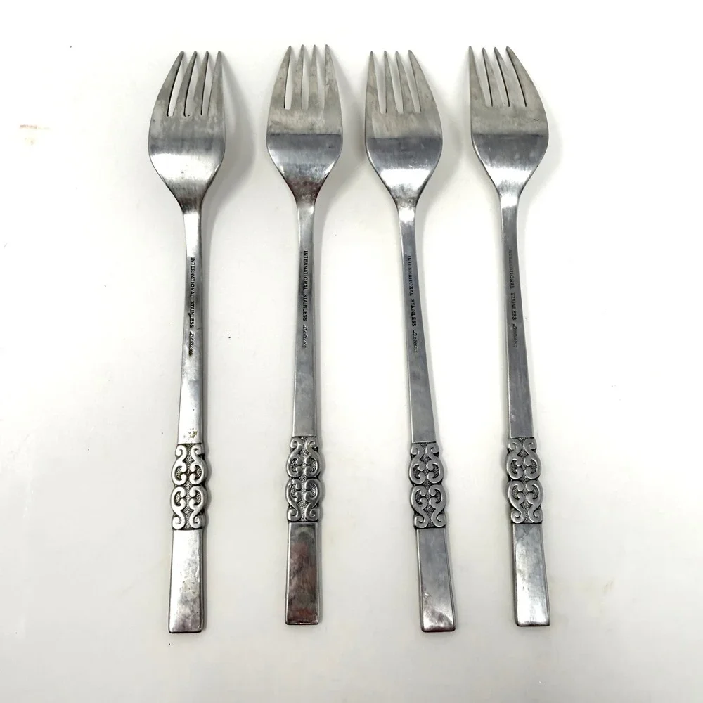 International Stainless Deluxe Danish Scroll Dinner Forks‎ Set of 4 MCM VTG